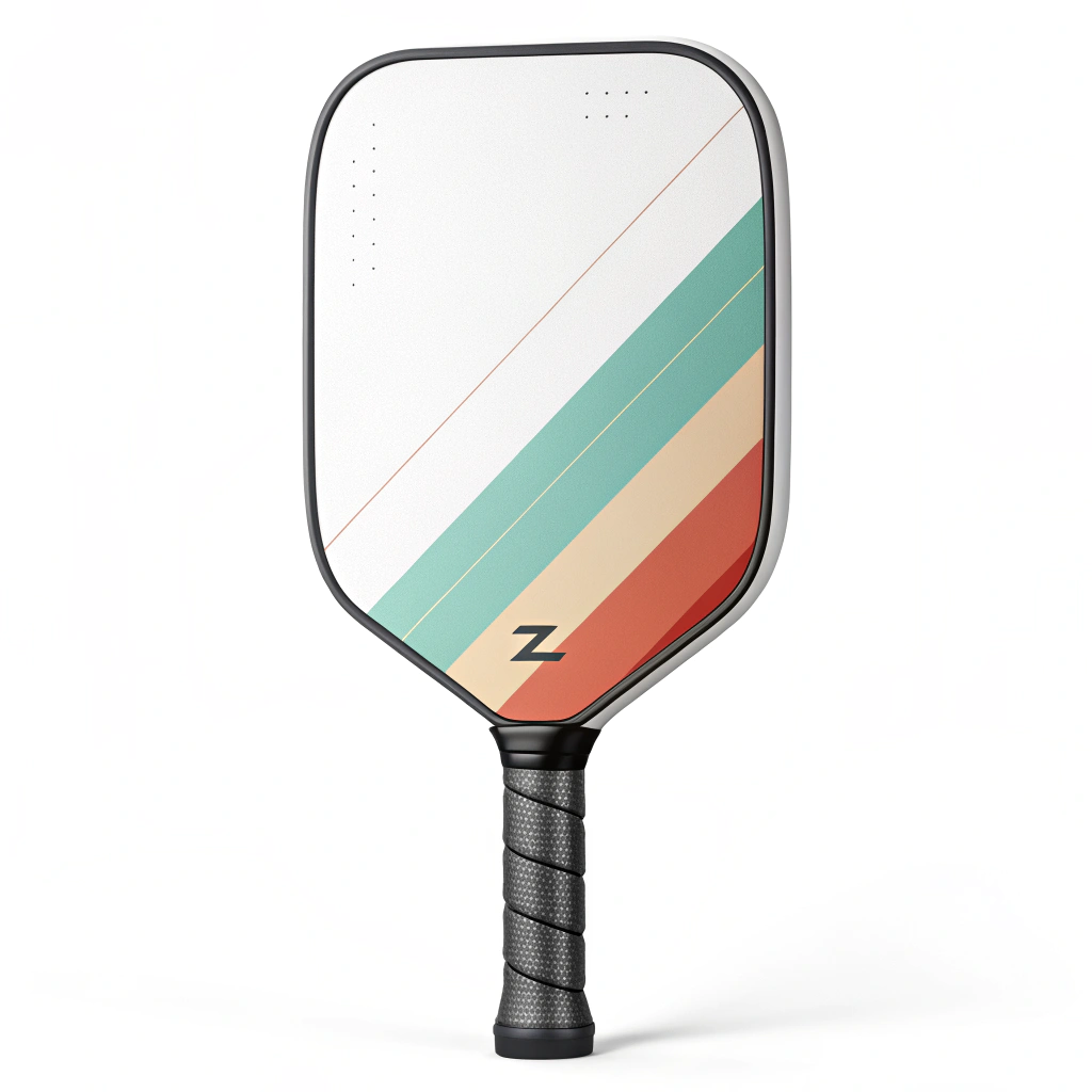 Minimalist illustration of a premium pickleball paddle with vibrant custom edge tape detail.