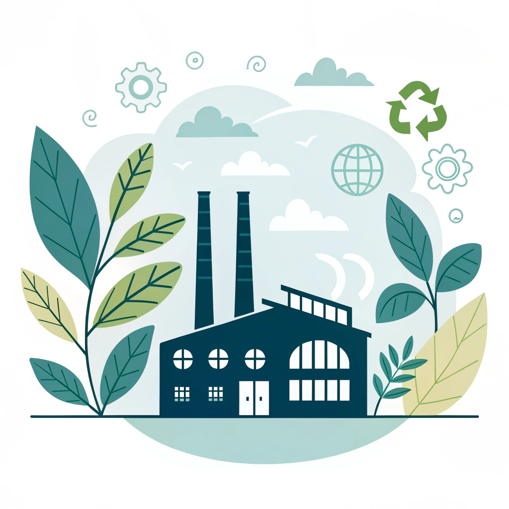 Minimalist flat design of a pickleball factory with eco symbols representing ESG practices.