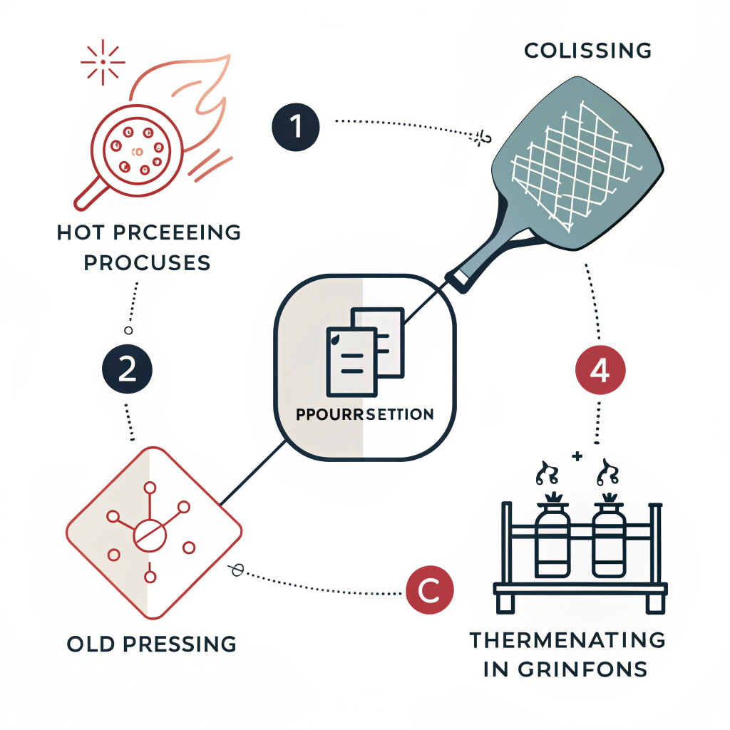 Minimal flat illustration highlighting production techniques for lightweight pickleball paddles.