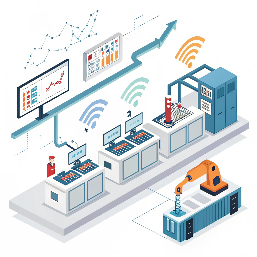 Simple minimal illustration of digital transformation with data streams and interconnected machines.