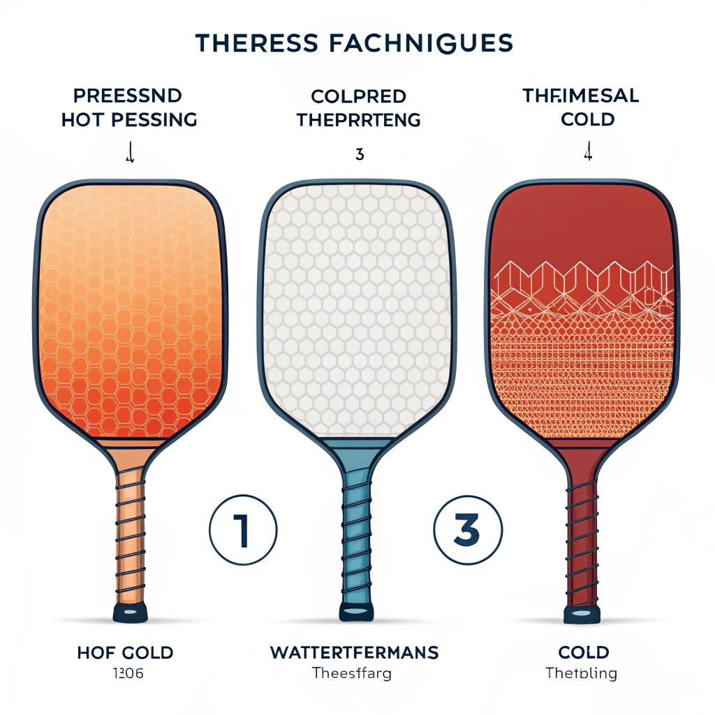 Minimal artwork comparing hot pressing, cold pressing, and thermoforming on pickleball paddles