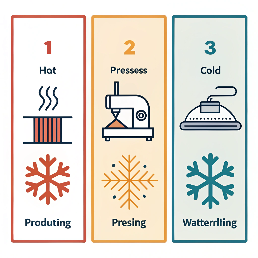 Flat illustration showing three panels of paddle production techniques in minimal style