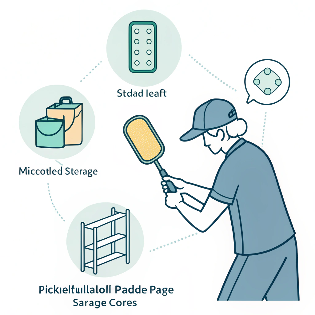Minimalist illustration of a person cleaning and inspecting a pickleball paddle during maintenance.