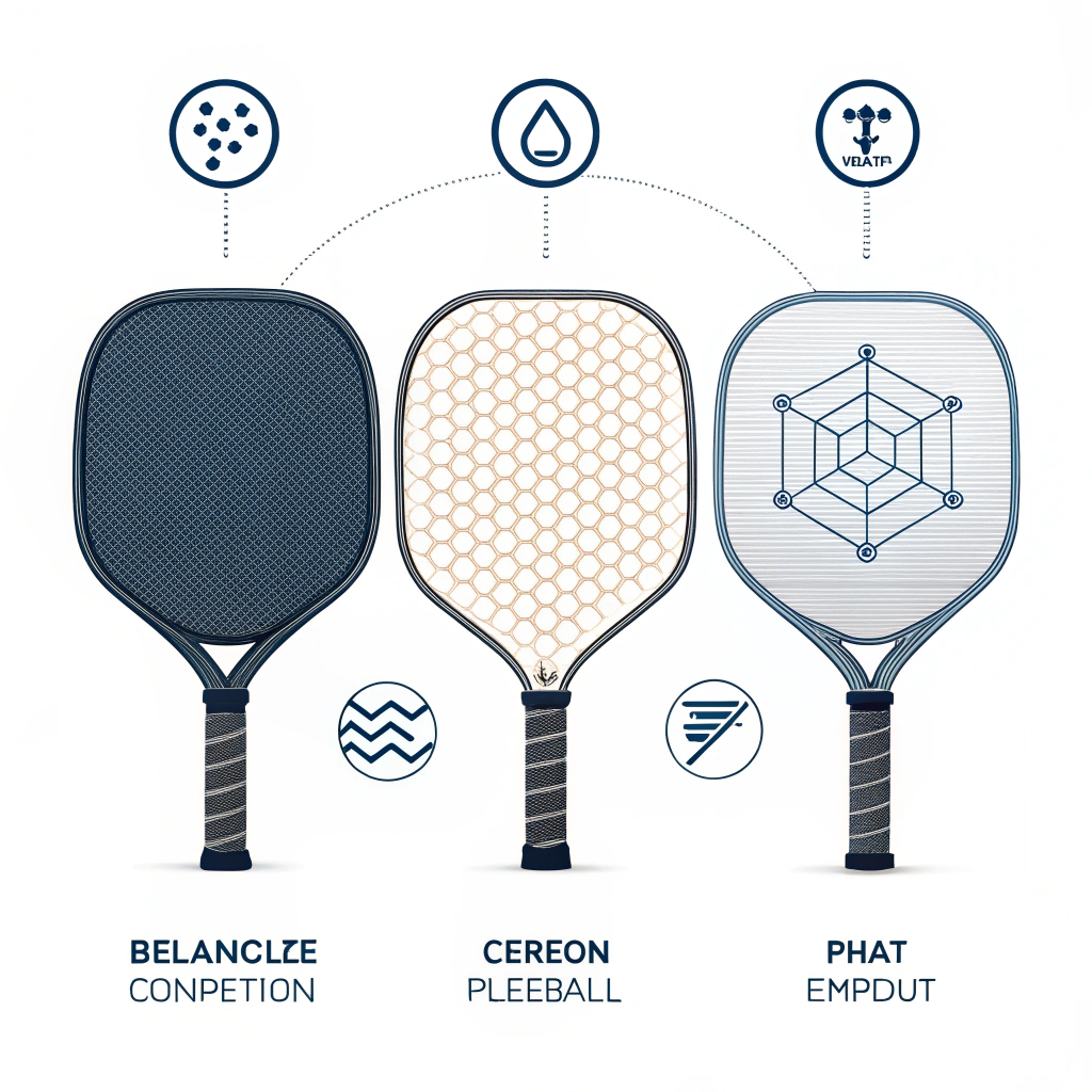 Minimal flat design illustration of three pickleball paddles with different textures and manufacturing cues