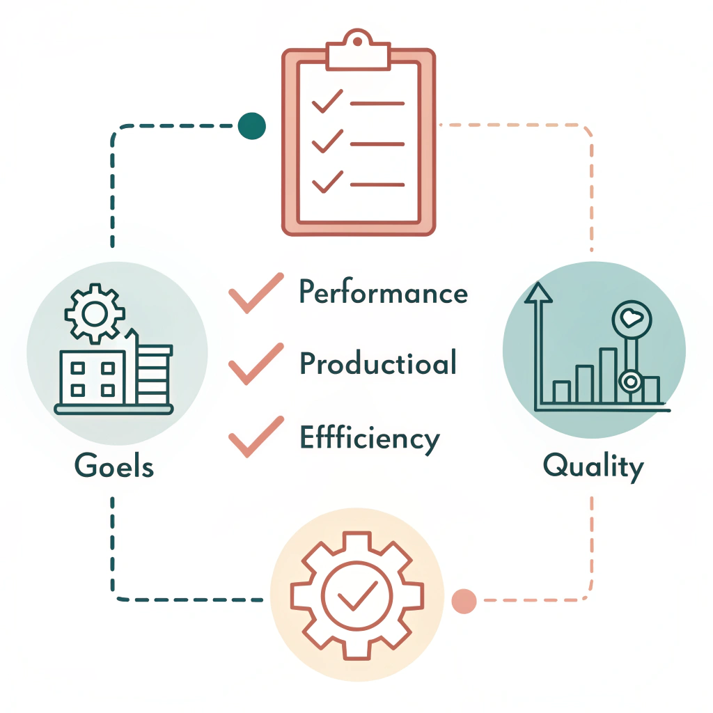 Clean abstract 2D icons representing a manufacturing checklist with simple flow elements.