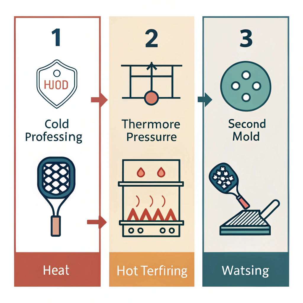 Minimal 2D illustration showing production steps of hot pressing, cold pressing, and thermoforming