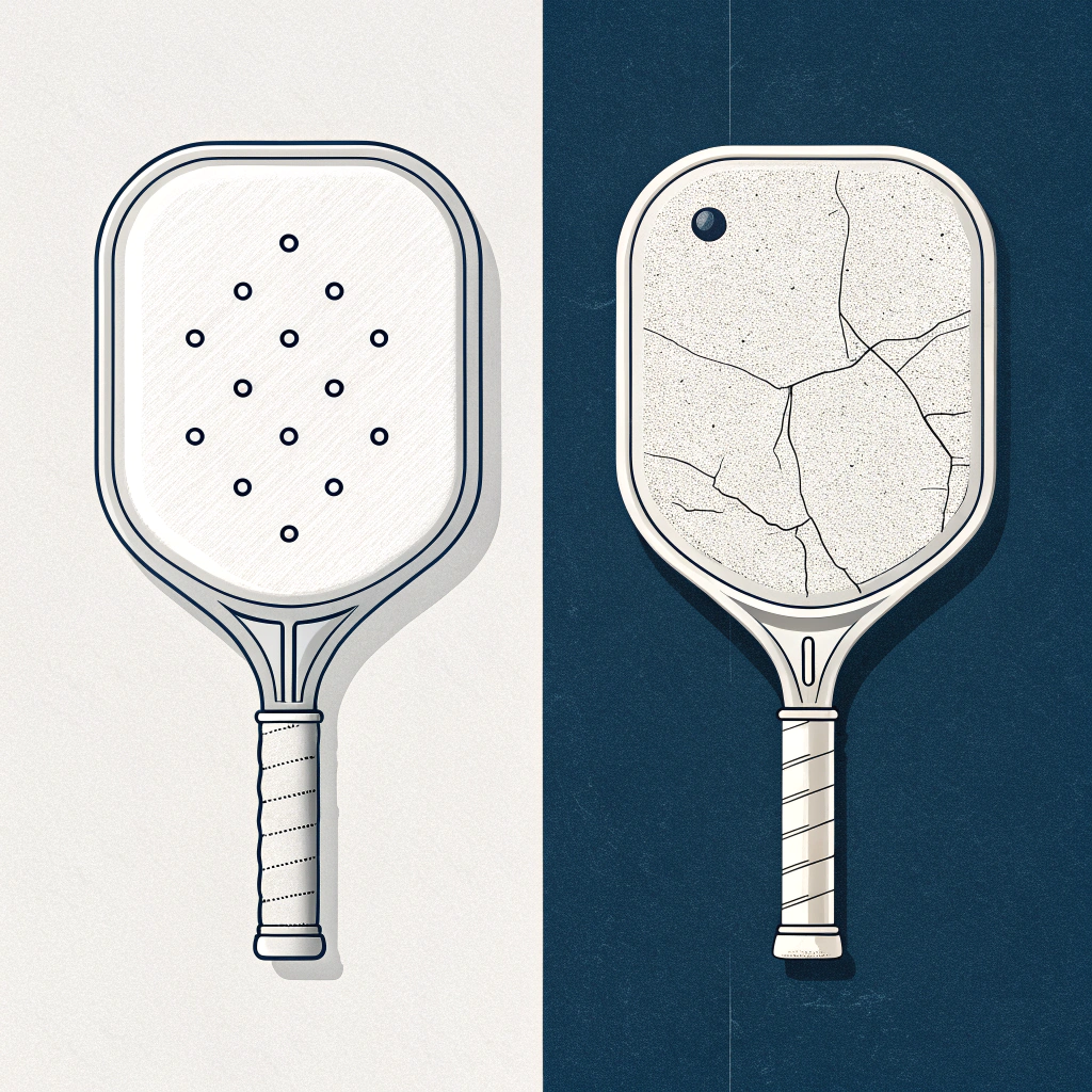 Minimalist illustration of a pickleball paddle contrasting premium and budget quality elements.