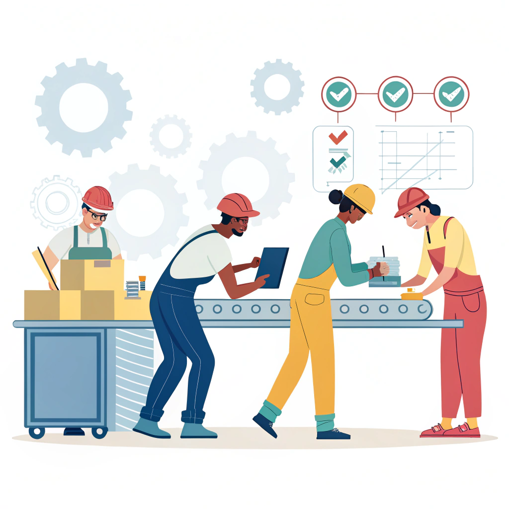 Minimal 2D illustration of production workers collaborating in a factory setting.