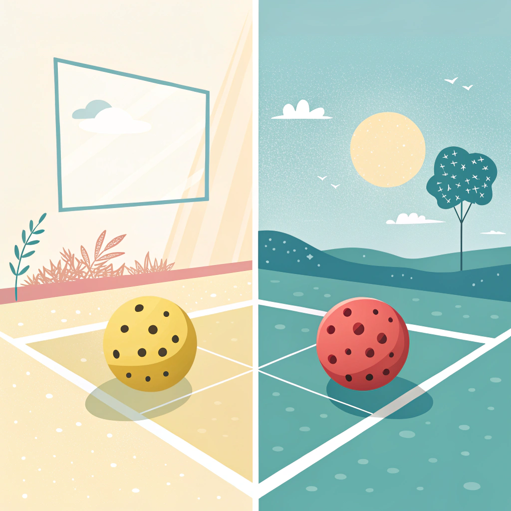 Simple flat design depicting indoor calm and outdoor environmental cues with pickleball balls