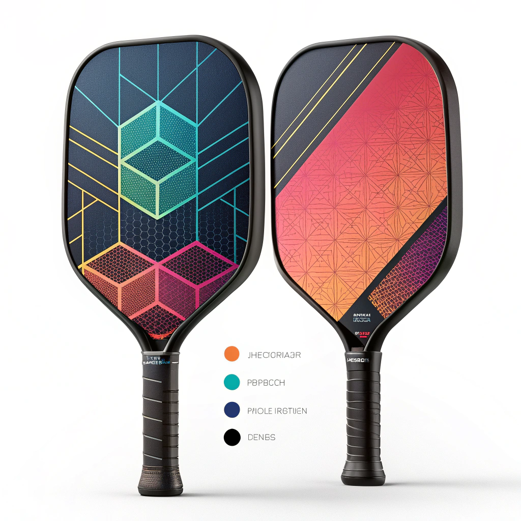 A vibrant minimalist illustration of a futuristic pickleball paddle with abstract geometric shapes and smooth gradients.
