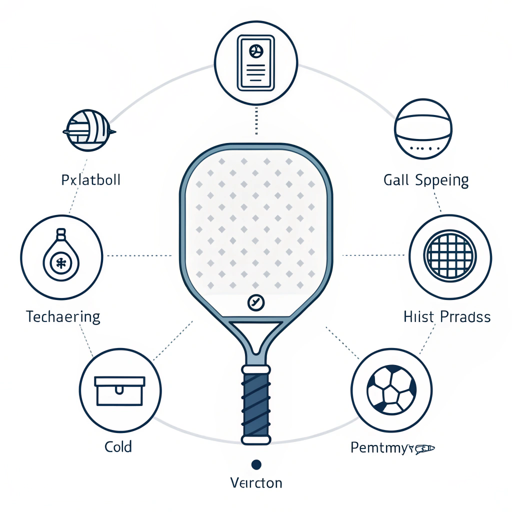 Minimal flat illustration of a pickleball paddle bundled with accessory icons representing technical processes.