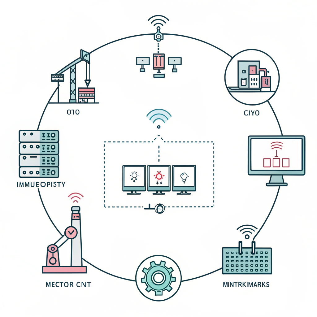 Flat 2D diagram of digital twin integration steps in manufacturing.