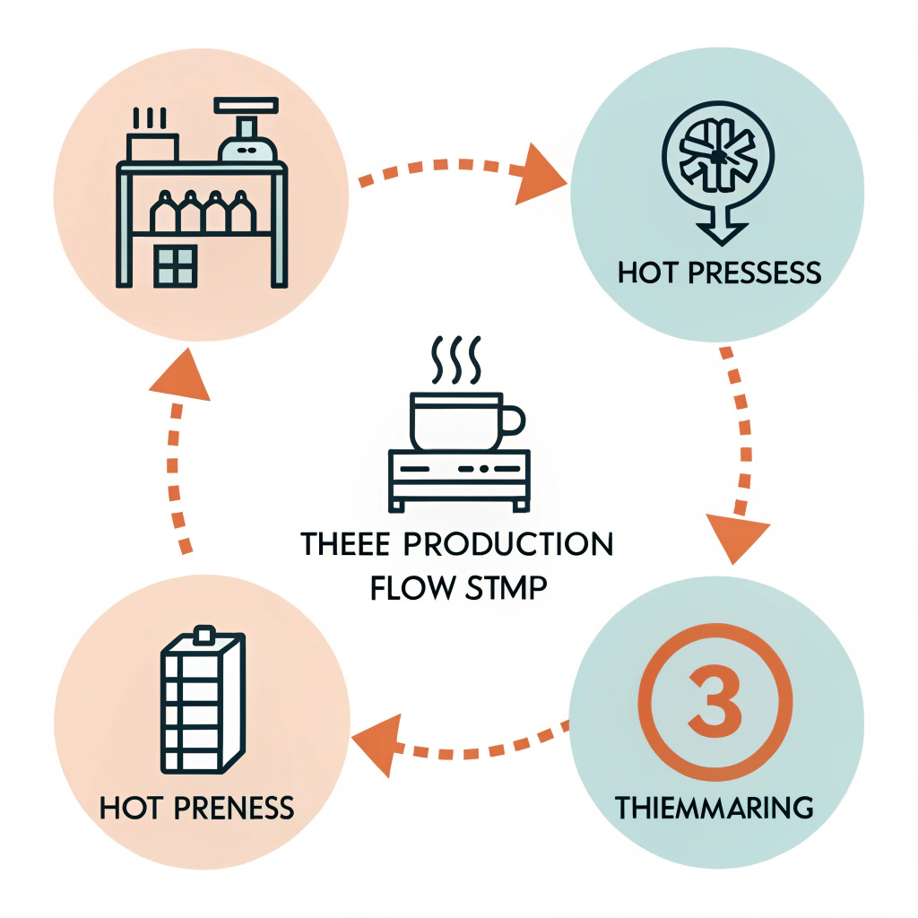 Simplified 2D flow diagram illustration depicting a three-stage production process with abstract icons.