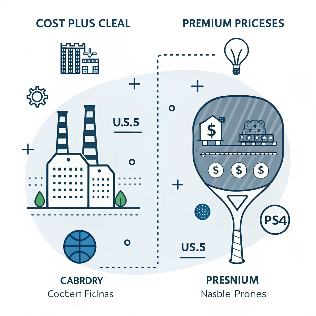 "2d minimalist illustration comparing cost-plus and value-based pricing models with abstract pickleball paddle elements."