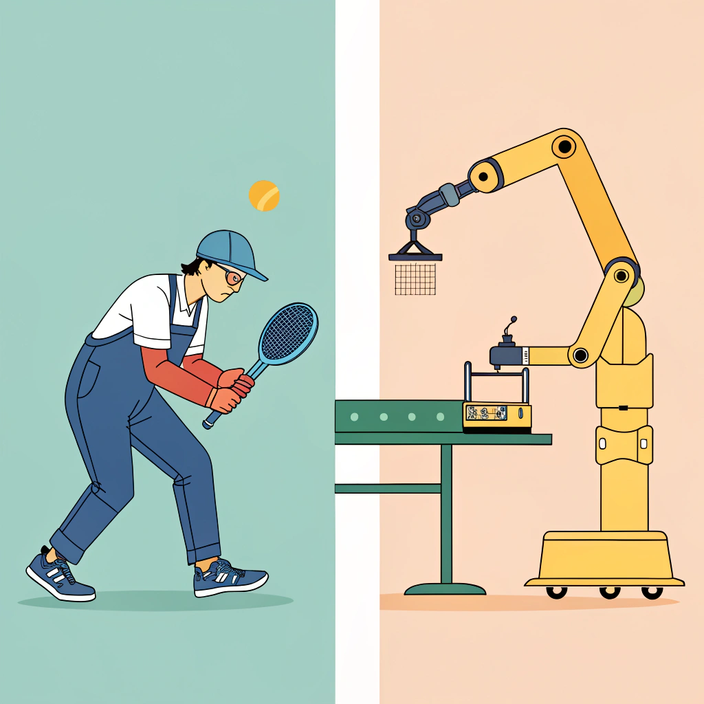 minimalist 2D illustration contrasting manual and automated quality control in manufacturing