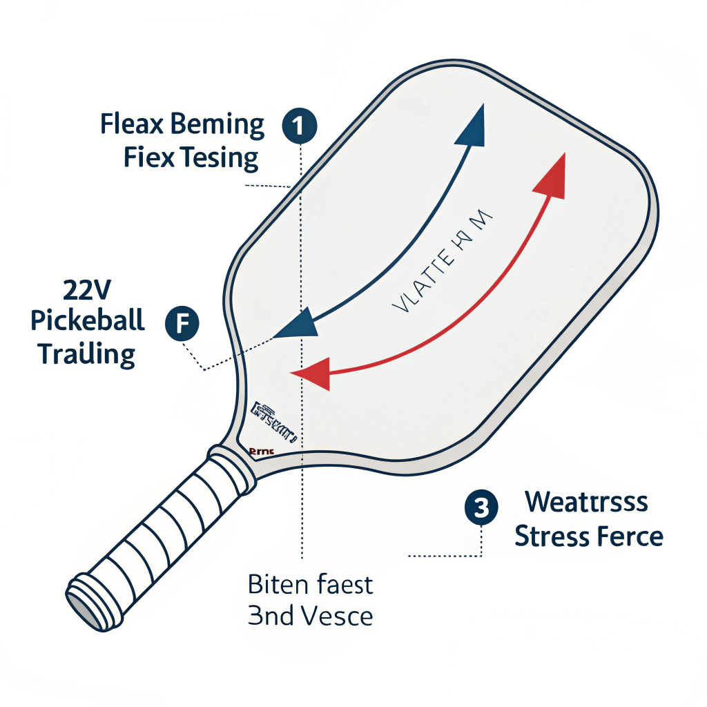 Minimalist illustration of a pickleball paddle undergoing flex testing with force indicators.