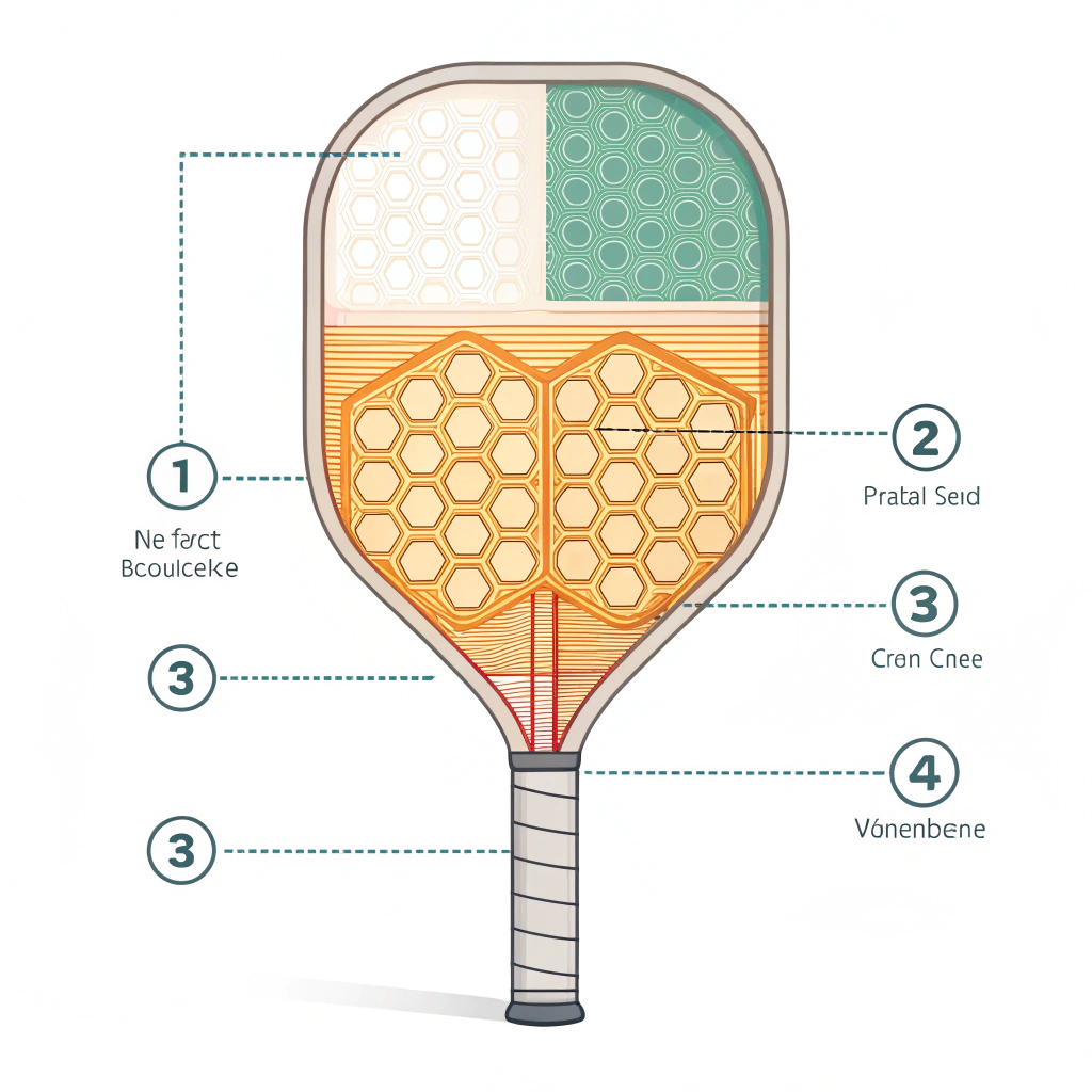 Minimal illustration showing a pickleball paddle cross-section with internal honeycomb core structure