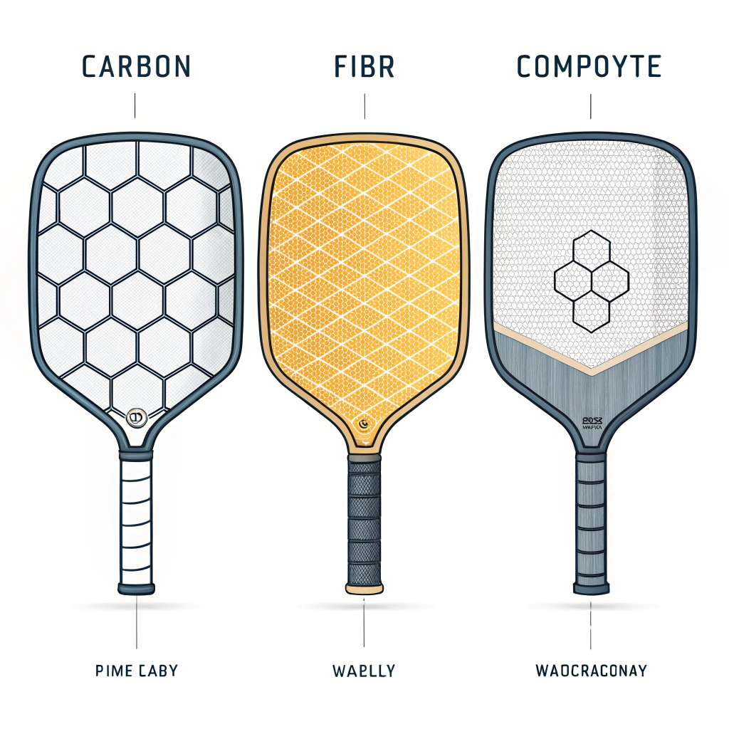 minimalist illustration of three pickleball paddles showcasing material innovations and ergonomic design