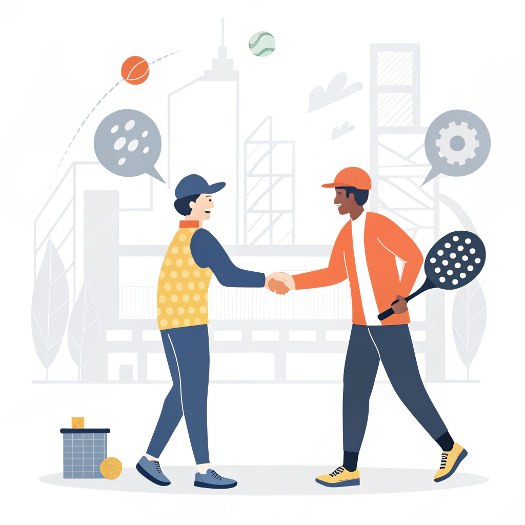 Minimalist artwork showing professional collaboration and innovative pickleball manufacturing.