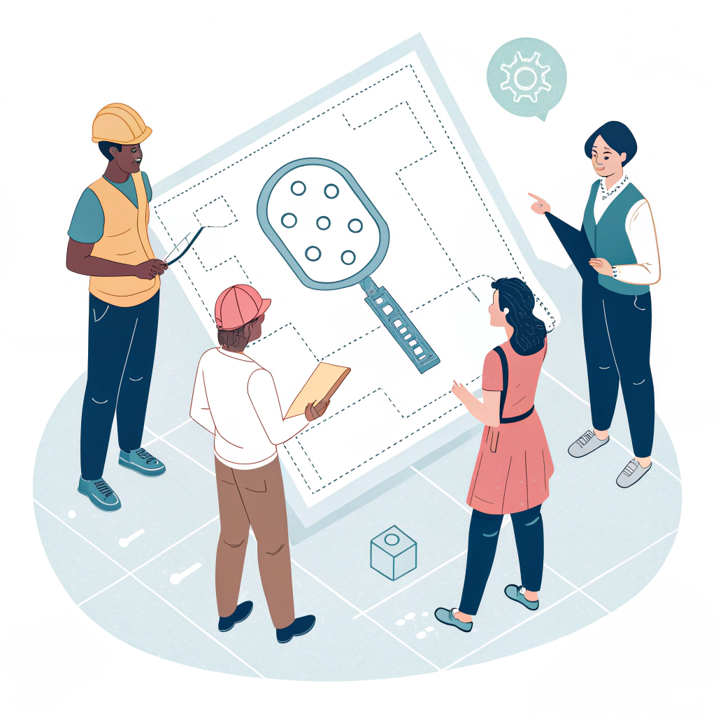 minimalist illustration of professionals collaborating on paddle prototype design