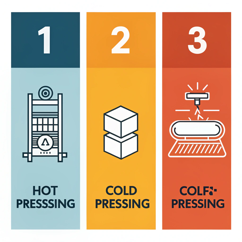 2D minimal illustration showing three production techniques with simple flat visual panels representing hot pressing, cold pressing, and thermoforming.