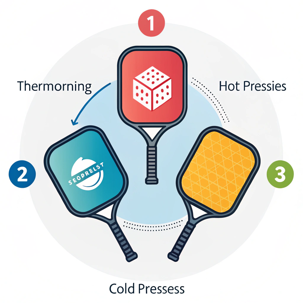 Abstract minimalist illustration showcasing advanced pickleball paddle production methods in vibrant colors