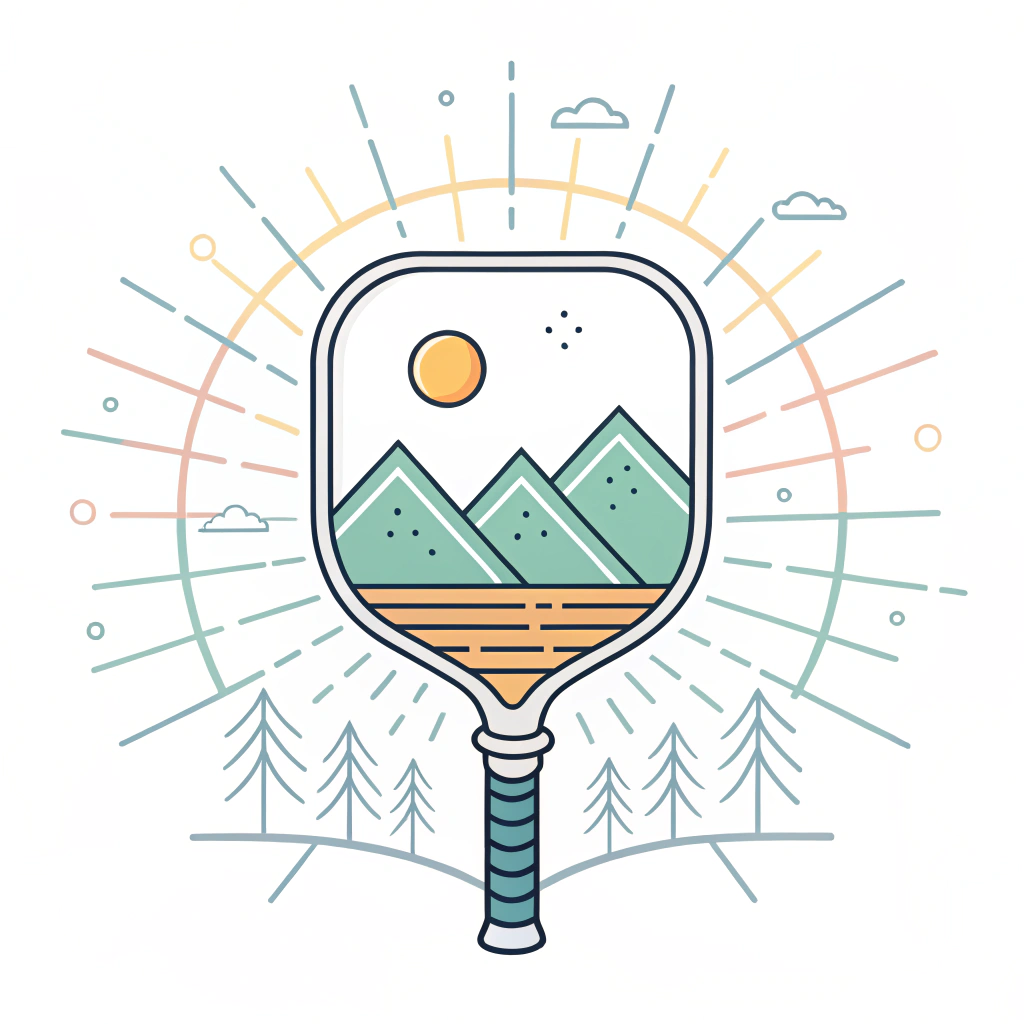 Minimalist 2D depiction of a pickleball paddle showcasing a glowing UV protection shield against sun rays.