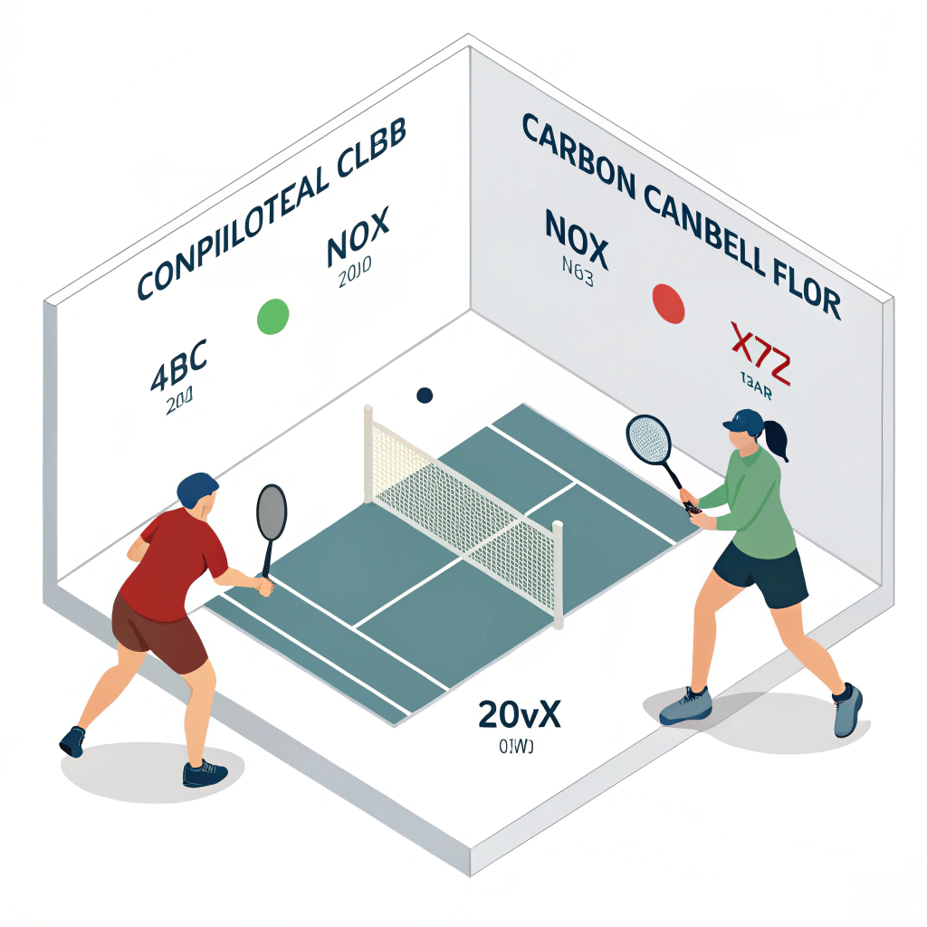 Minimalist illustration of a sports club scene highlighting paddle material comparisons.