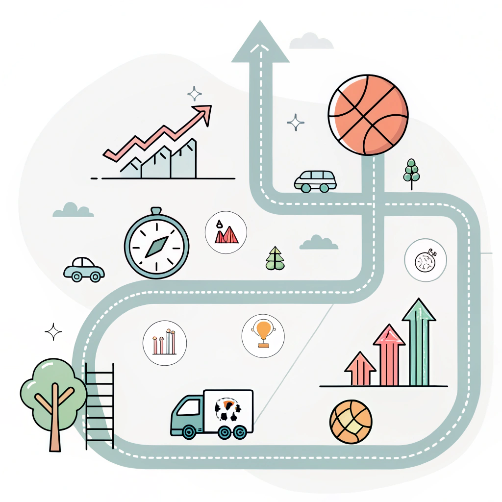 Minimalist 2D illustration of a roadmap with supply chain and sports equipment icons.