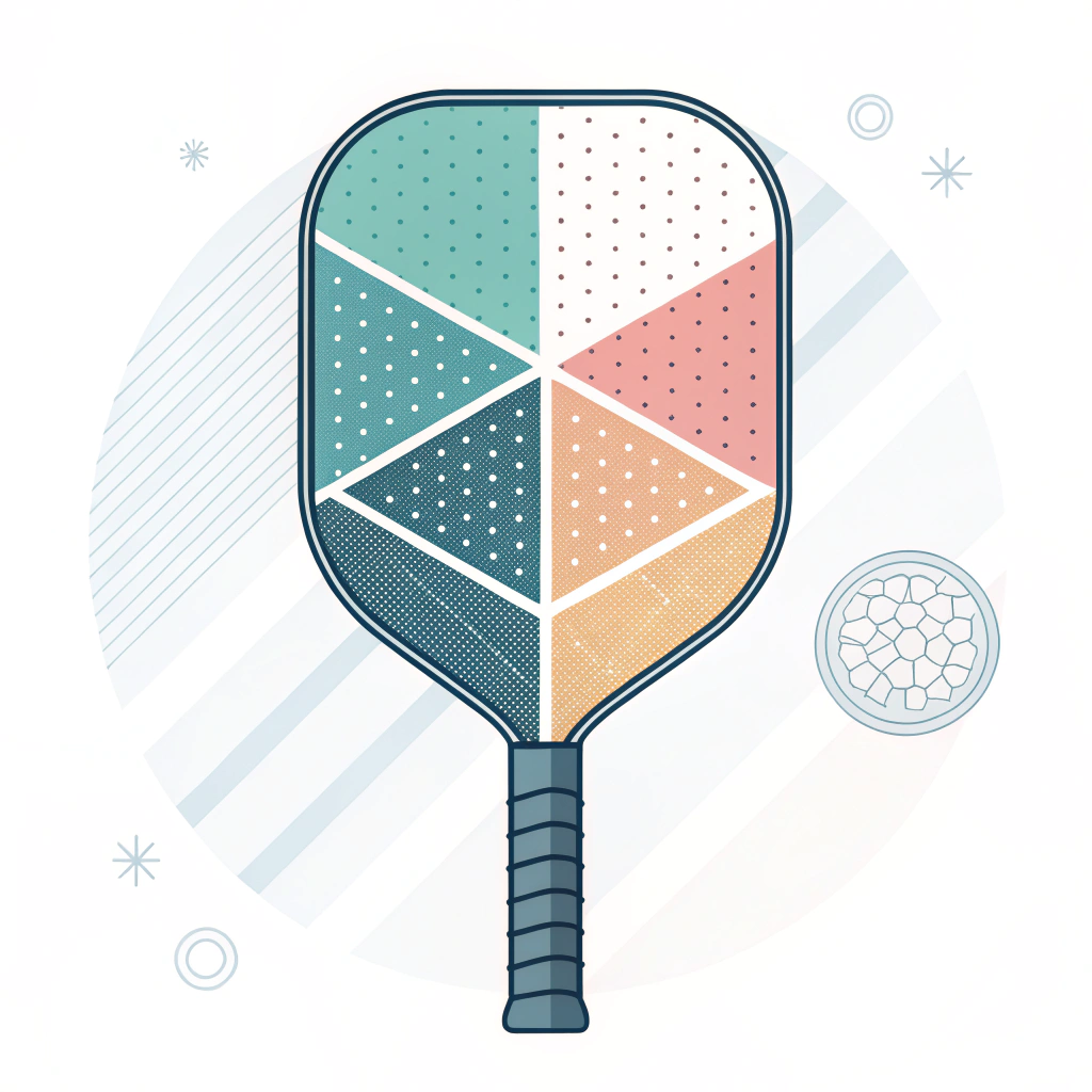 Minimalist 2D illustration of a pickleball paddle showcasing three fiber types with abstract designs.