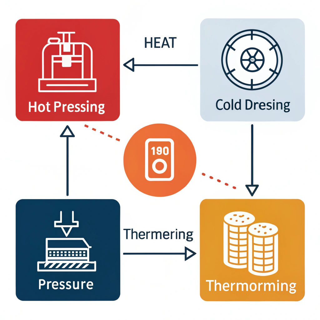Simplified 2D illustration of hot pressing, cold pressing, and thermoforming methods