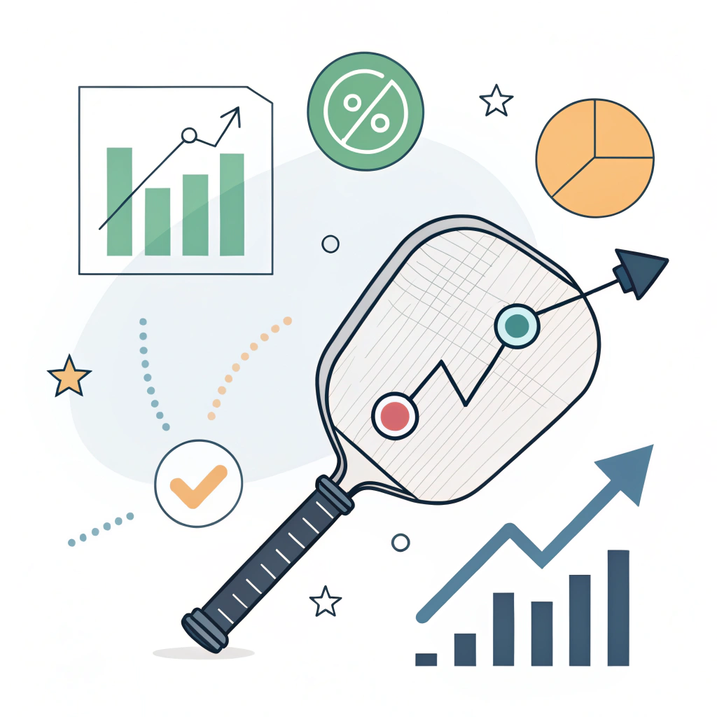Minimal illustration showing pickleball paddle with abstract performance data elements
