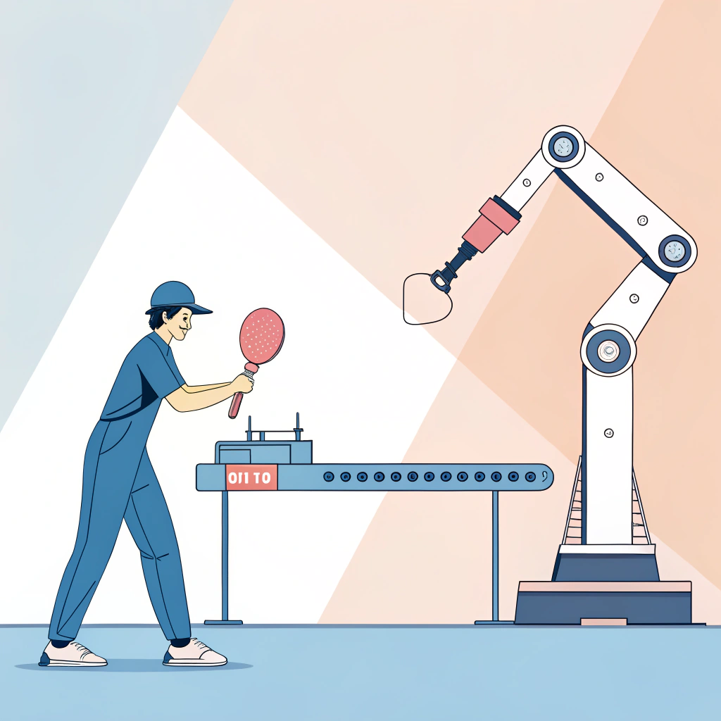 A 2D flat illustration of human and robotic paddle inspection in a modern factory setting.
