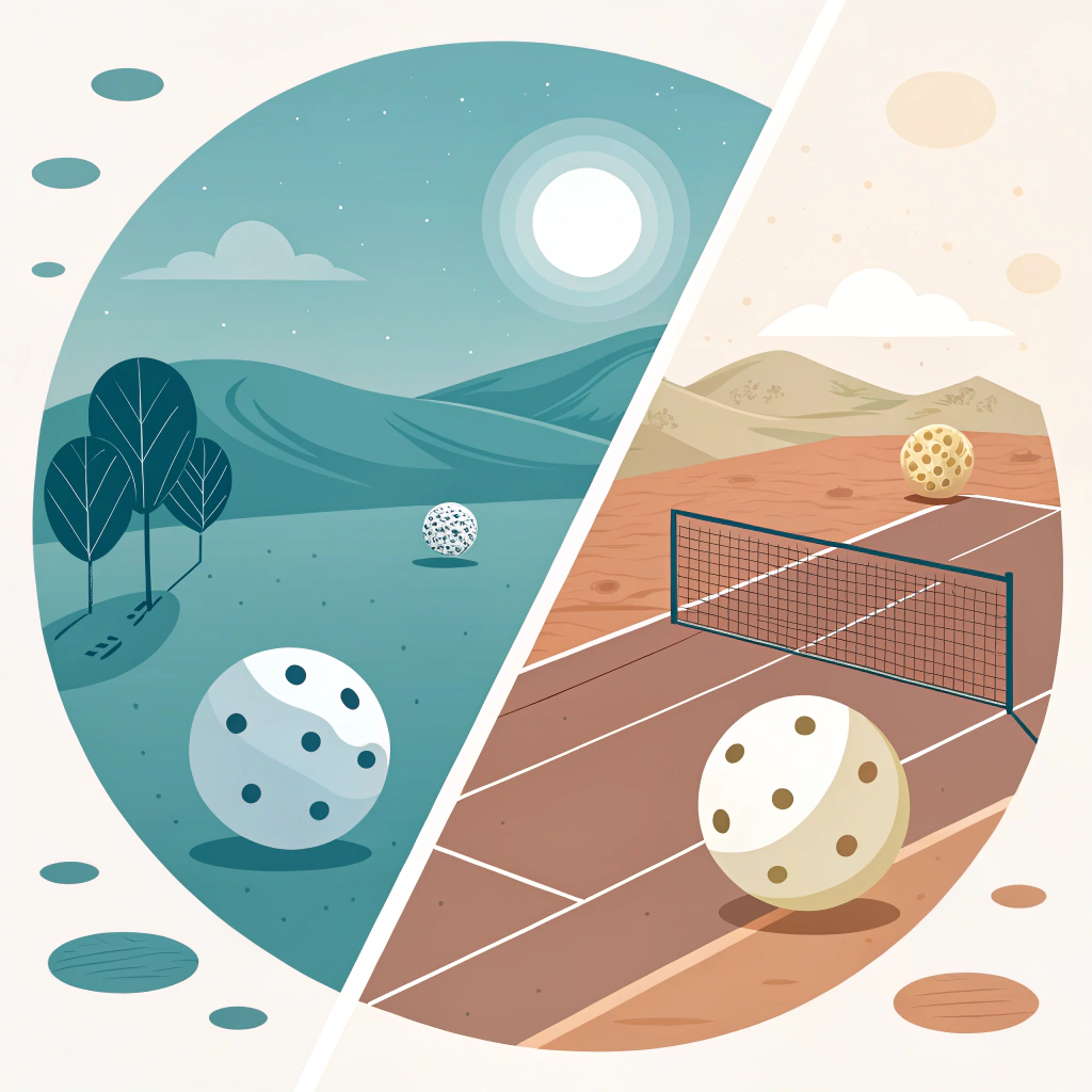 A clean 2D flat illustration contrasting indoor smooth play with outdoor rugged details in pickleball balls.