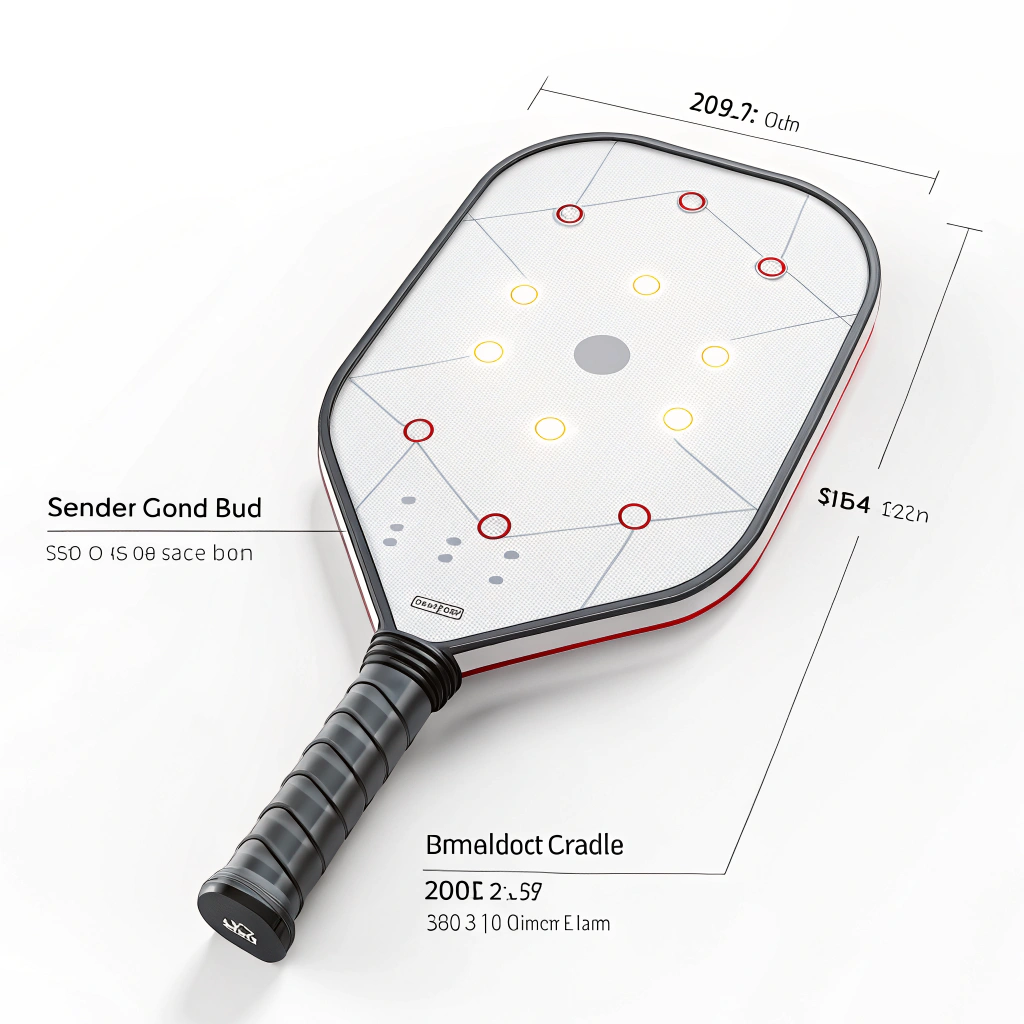 Minimalist illustration of a pickleball paddle with integrated smart sensor icons.
