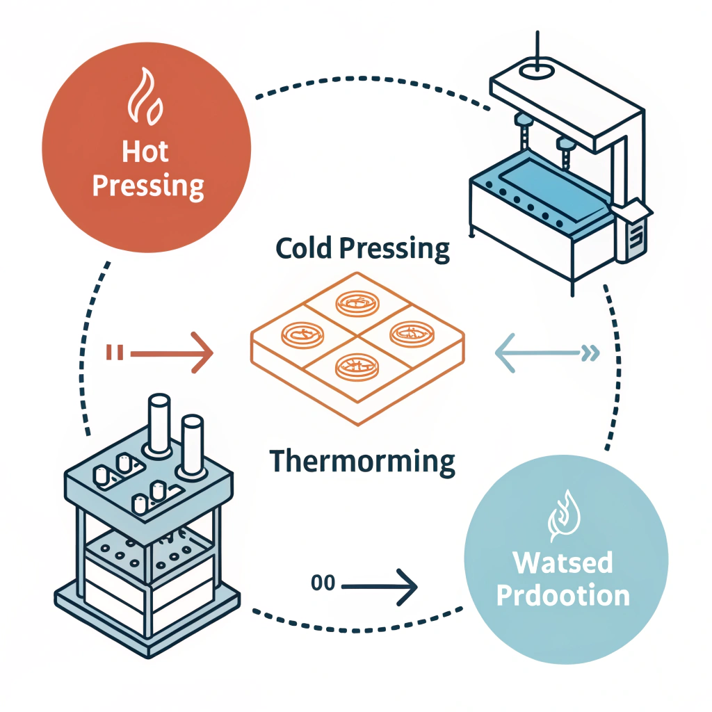 Minimalist illustration of hot pressing, cold pressing, and thermoforming processes.