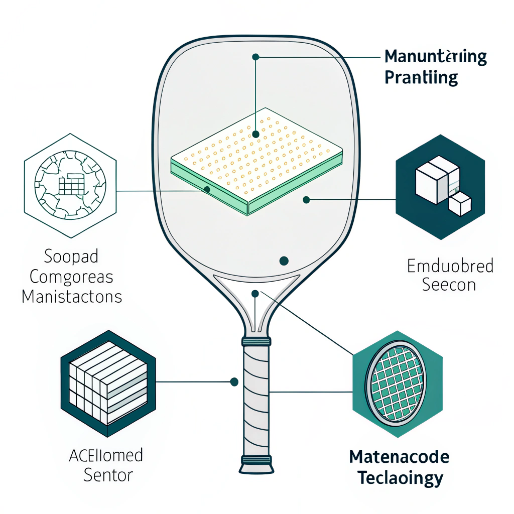 Minimalist illustration of advanced sensor integration in pickleball paddle production with a clean design.