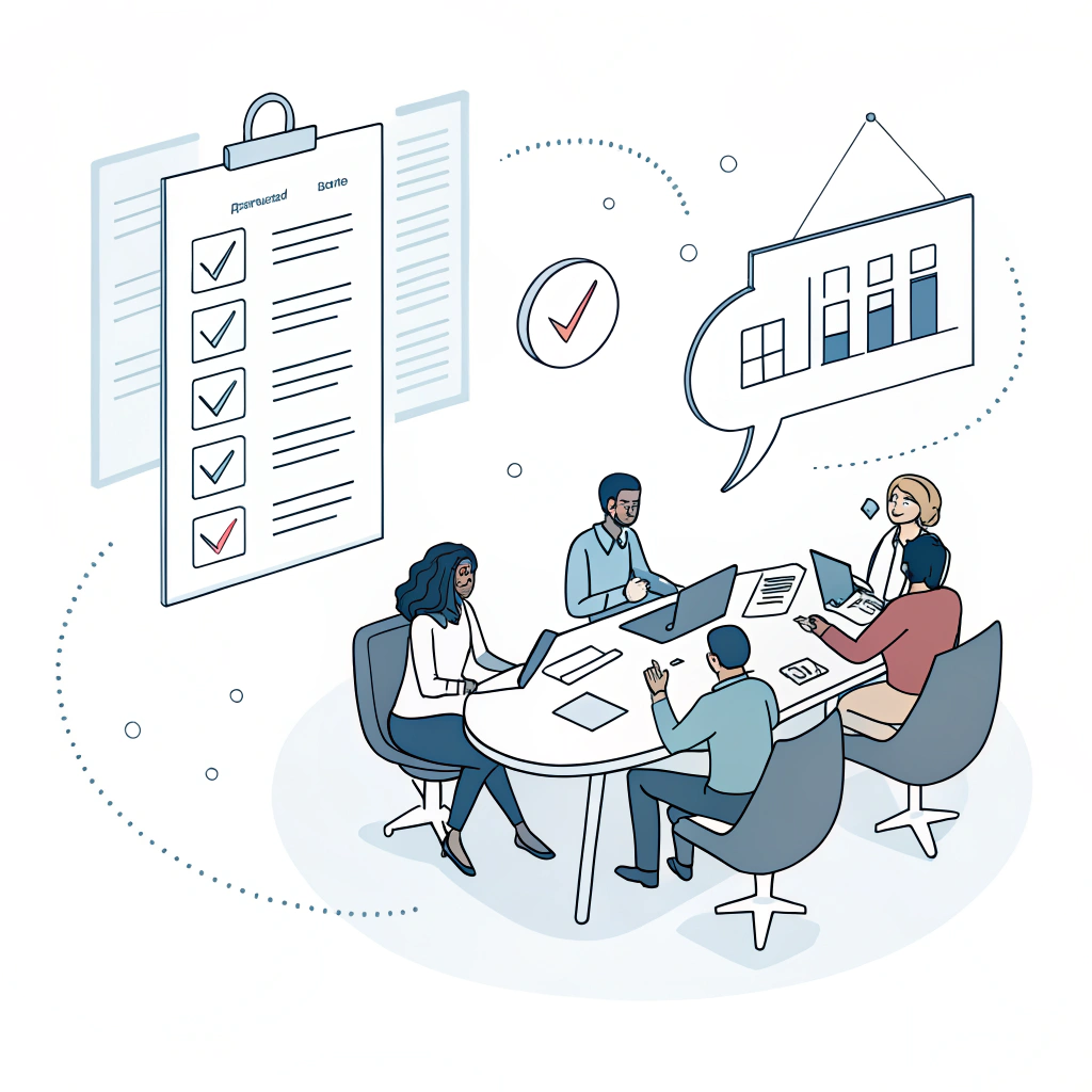 Simplified illustration of professionals discussing audit findings at a meeting.