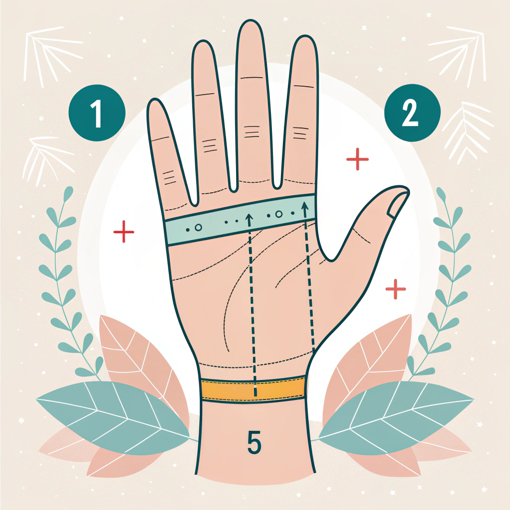Stylized diagram showing measuring palm circumference, wrist-to-finger length, and palm width on dominant hand.