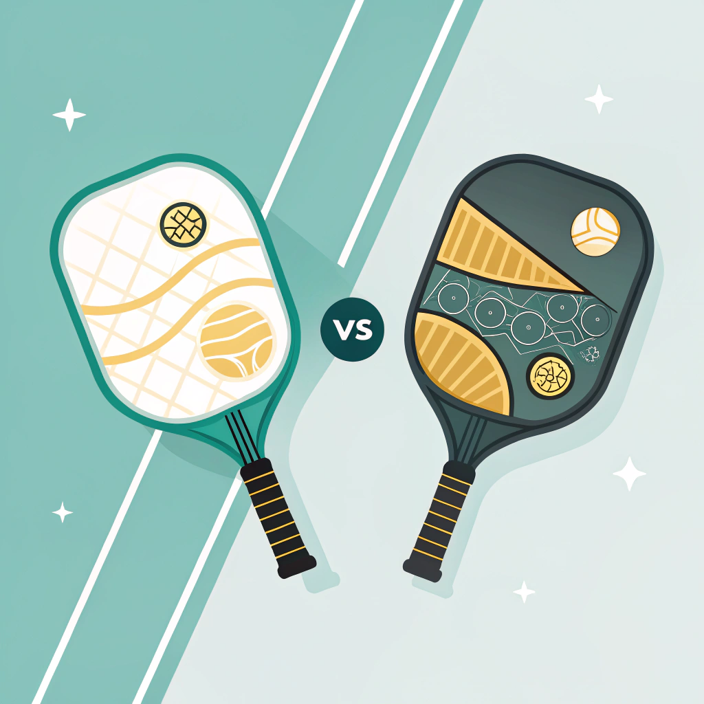 Minimalist split illustration of two paddles showing fiberglass weave and carbon weave with process icons