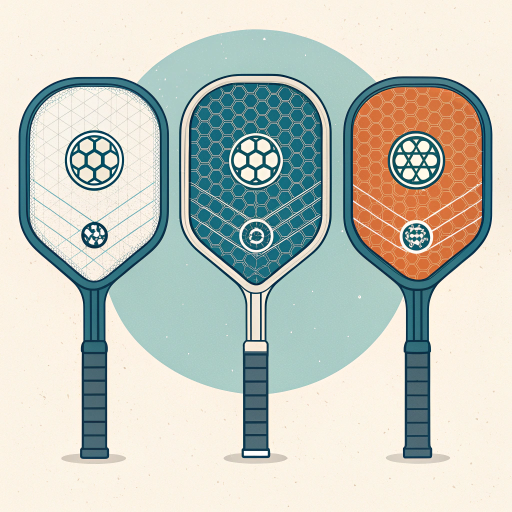 Three flat pickleball paddles with layered cross-sections and subtle factory tool silhouettes
