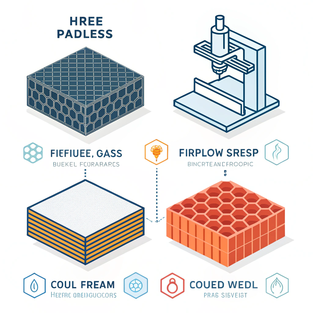 Simplified flat illustration of paddle cross-sections, fibers, honeycomb cores, and three press machines.