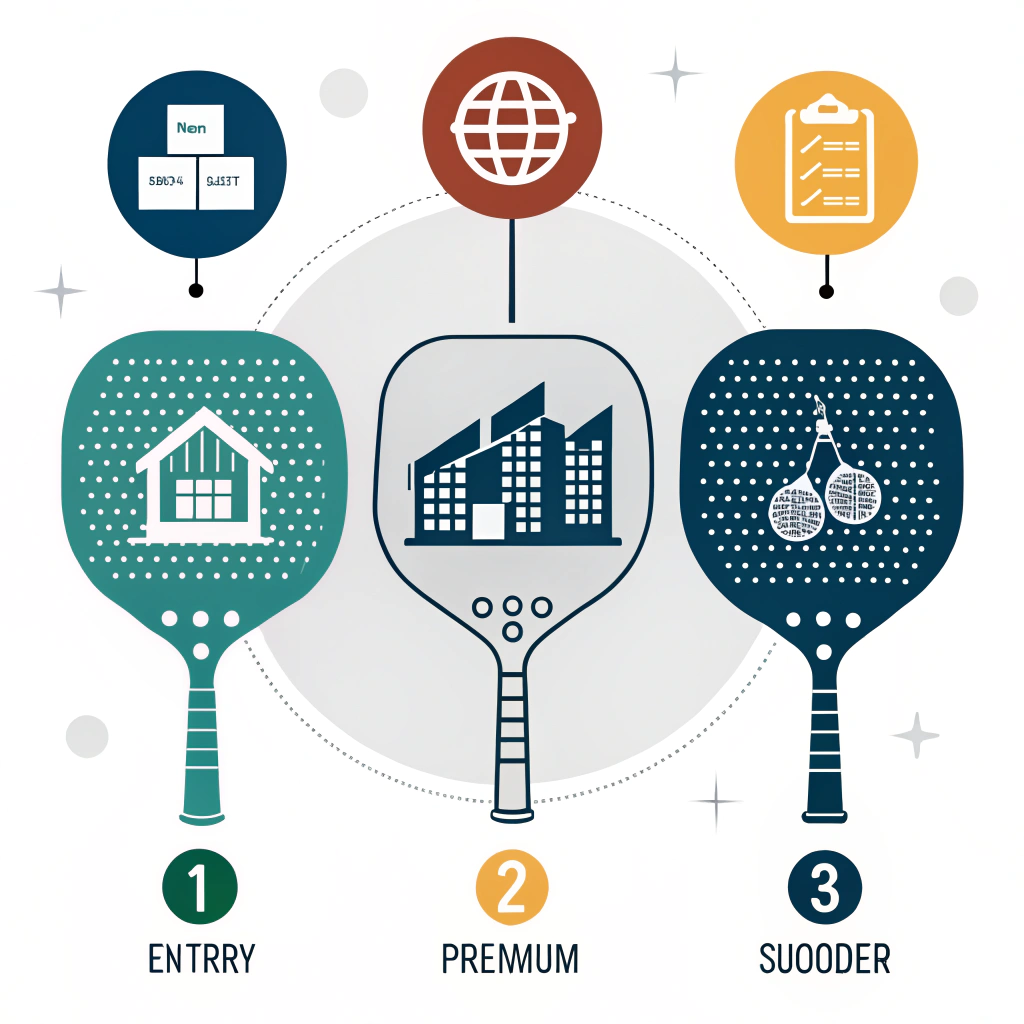 Flat infographic of three paddle tiers with factory, scale, and checklist icons