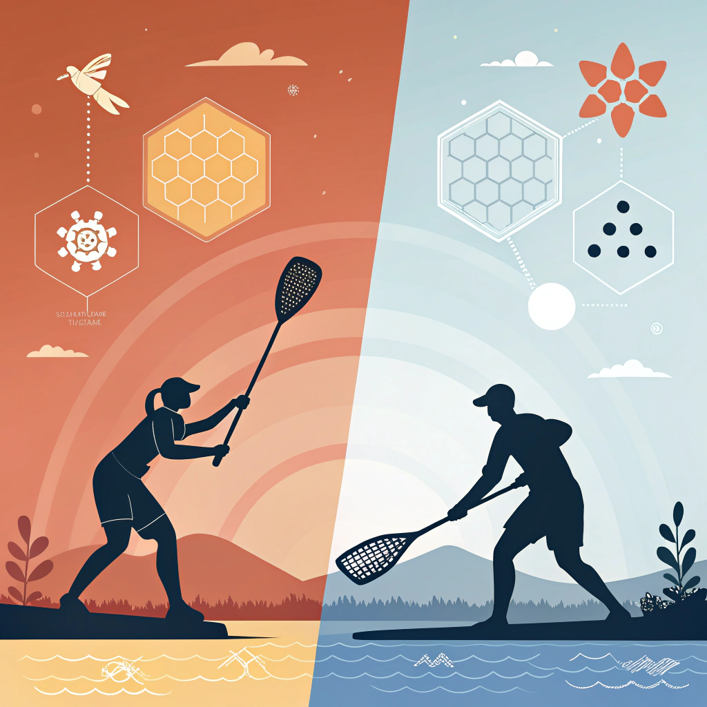 Split illustration contrasting recreational fiberglass paddle and competitive carbon paddle with quality symbols.