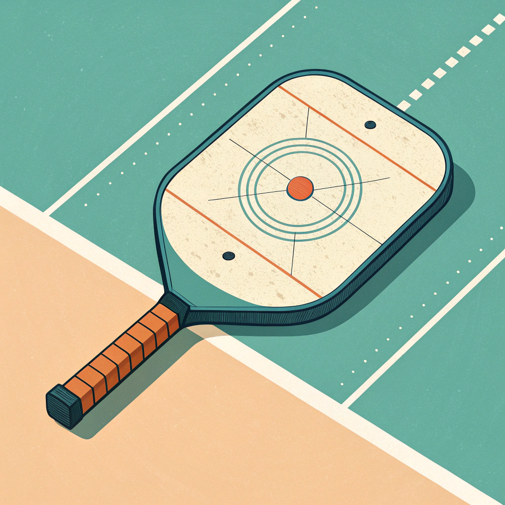 Flat minimalist pickleball paddle balanced on knife-edge with center marker and ruler ticks
