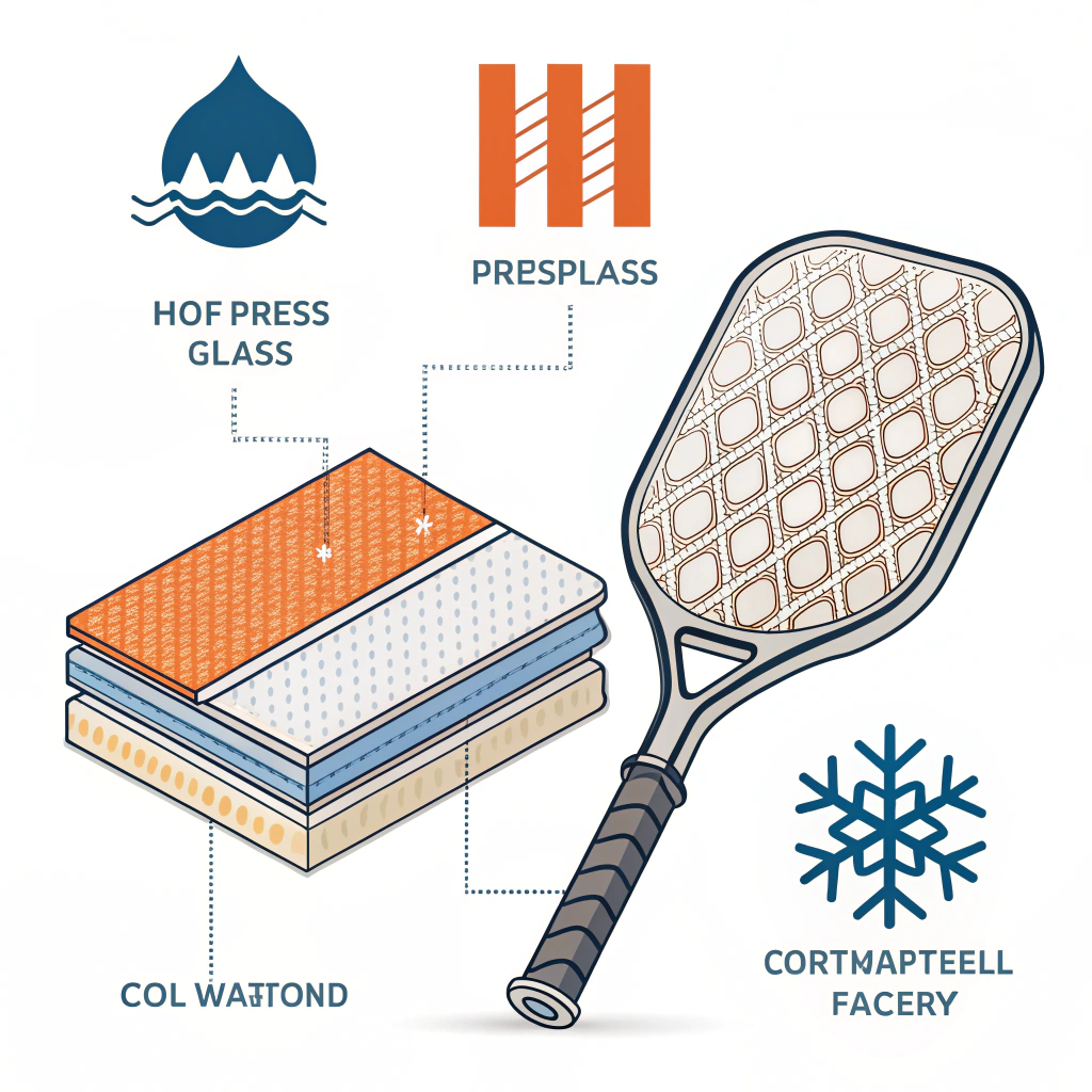 Flat paddle cross-section with factory presses, quality checklist, caliper, and sample swatches.