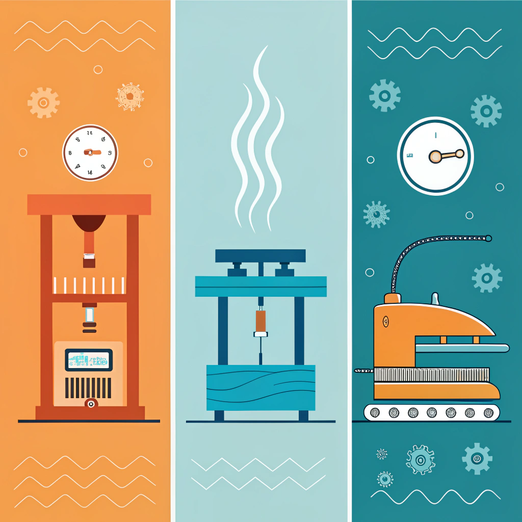 Three flat icons representing hot pressing, cold pressing, and thermoforming processes for paddles.