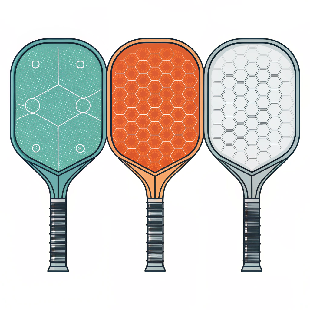 Flat two-dimensional cross-sections of three pickleball paddles showing polymer, Nomex and aluminum cores.