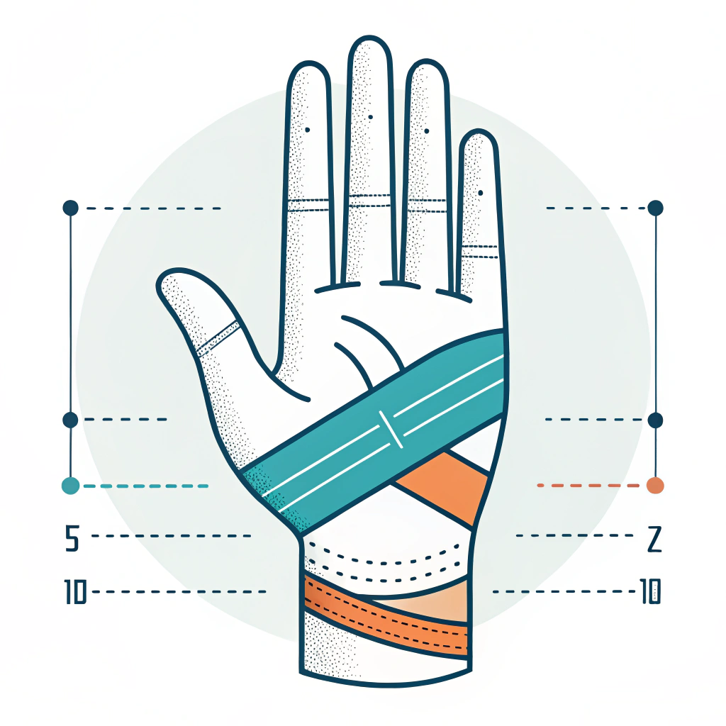 flat illustration of a palm measured with tape beside a row of five paddles showing size variety