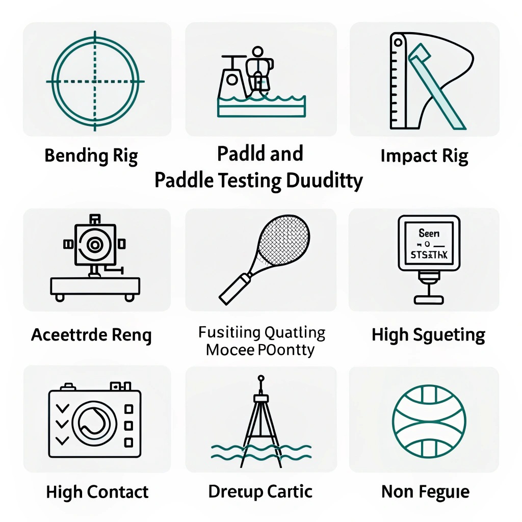 Minimal 2D icons showing paddle quality control tests: flex, impact, vibration, dwell, fatigue, adhesion
